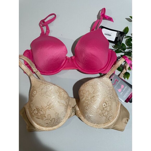 Maidenform Demi Coverage Push-Up Bras Set Of 2 - Beige Lace & Pink Satin-Size36B - Picture 3 of 9